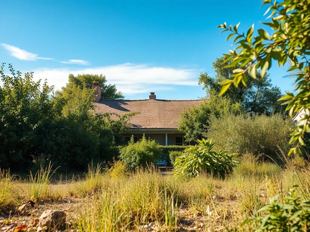 A realistic high-resolution photo of a distressed property being evaluated for acquisition, showcasing overgrown vegetation and potential for revitalization, framed by a bright blue sky and lush greenery.