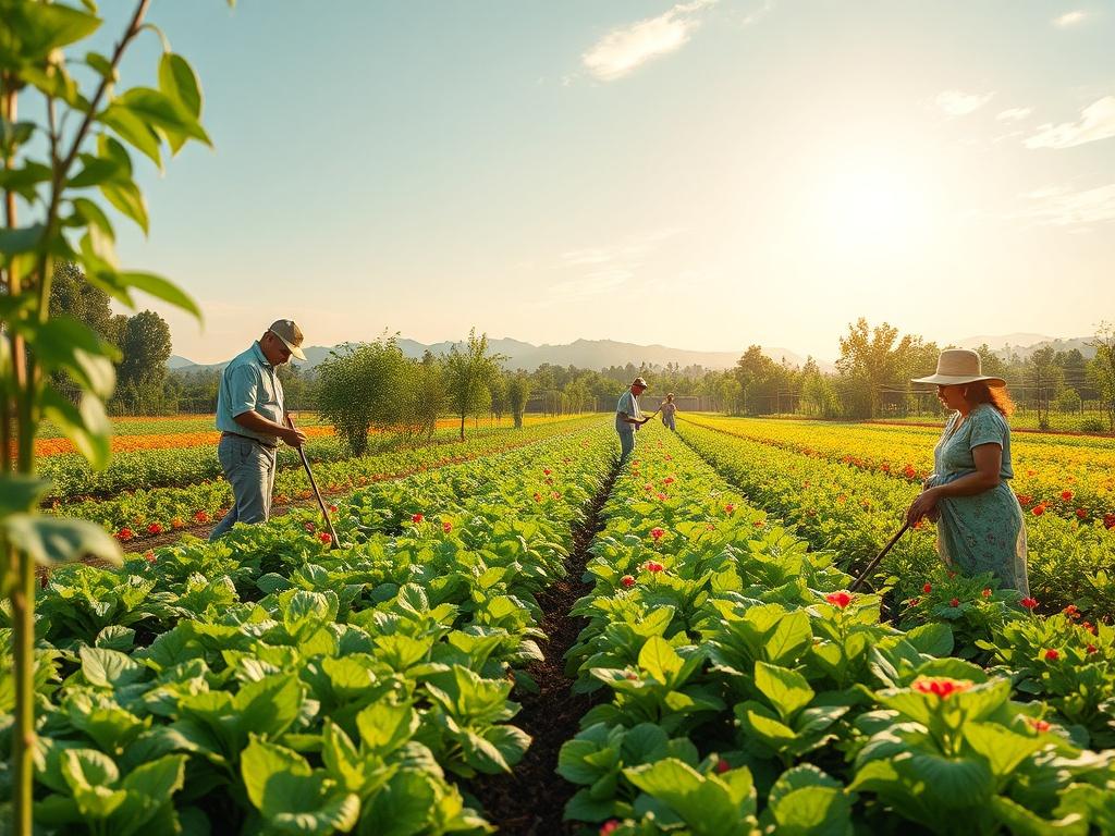 A high-resolution photo showcasing a flourishing agricultural community with vibrant crops, Founders working together, and a sense of harmony in the environment, reflecting growth and sustainability.