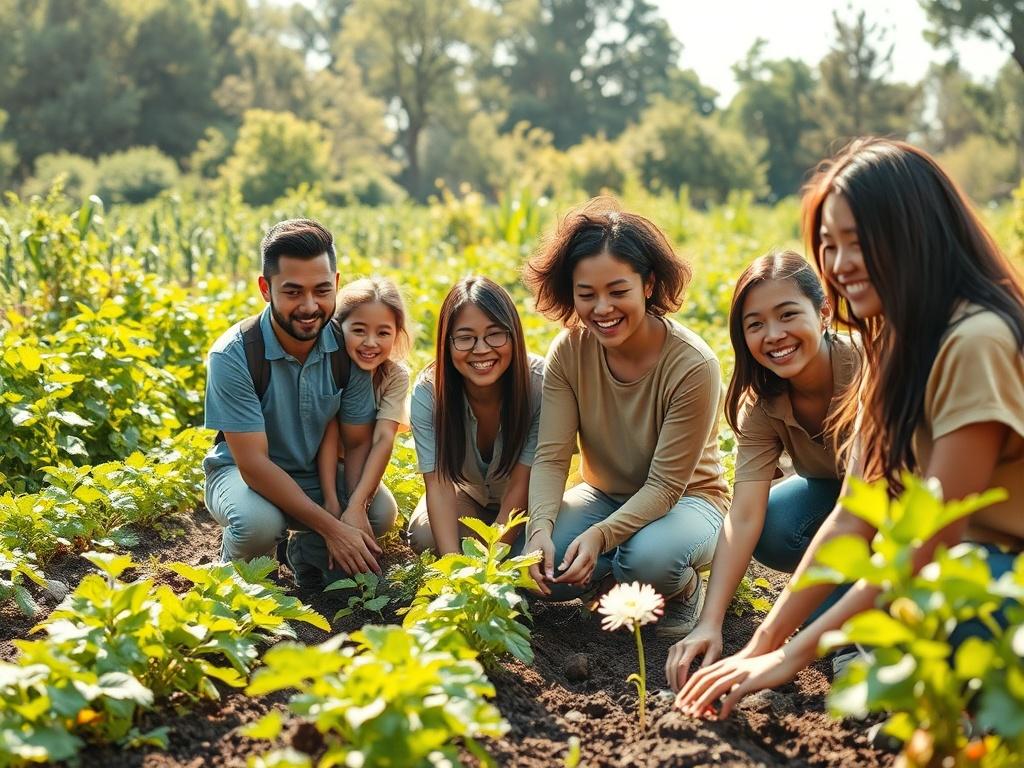 Create a realistic high-resolution photo that embodies the theme of social impact and community involvement. The composition should feature a single subject: a diverse group of engaged individuals in a lush community garden, joyfully collaborating and planting new seeds. 

The background should display a vibrant, green landscape with flourishing plants and rows of crops, symbolizing growth and renewal. Soft sunlight filters through the leaves, casting a warm glow over the scene to enhance a sense of optimis