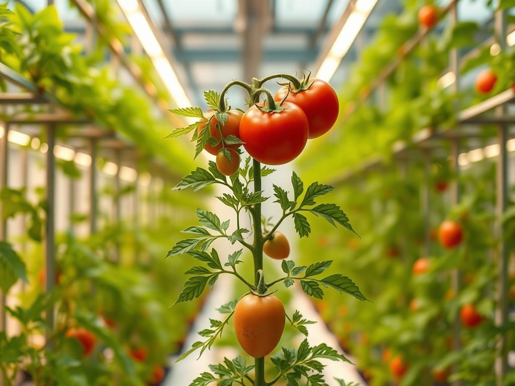 Create a realistic high-resolution photo that captures the essence of vertical farming, specifically highlighting the unique growing of a 'tomato-potato plant.' The composition should feature a singular, thriving tomato-potato plant prominently positioned in the center of the image to emphasize its duality, showcasing both ripe tomatoes and small potatoes growing from the same stem. 

The background should be a bright, well-lit indoor vertical farming setup with rows of vibrant green plants in structured ve