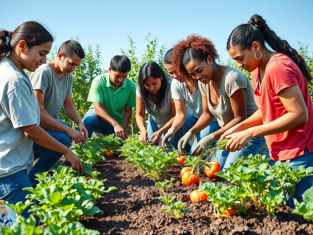 A realistic high-resolution photo of a diverse group of individuals working together in a community garden, planting vegetables and tending to crops. The scene should be vibrant and full of life, showcasing teamwork and a sense of purpose. The background should include green plants and the blue sky, creating a clean and uplifting atmosphere.