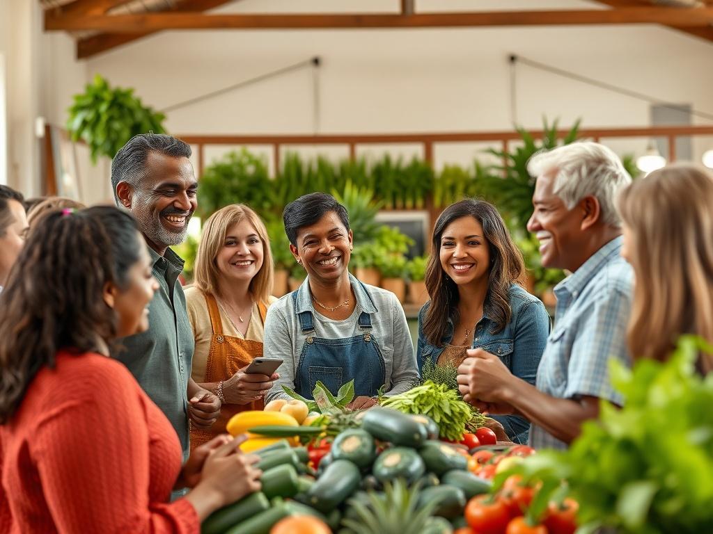 A realistic high-resolution photo of a community gathering where individuals share their success stories and experiences in agriculture. The atmosphere should be warm and inviting, showcasing genuine smiles and interactions. In the background, displays of fresh produce and greenery reflect the growth and community spirit.