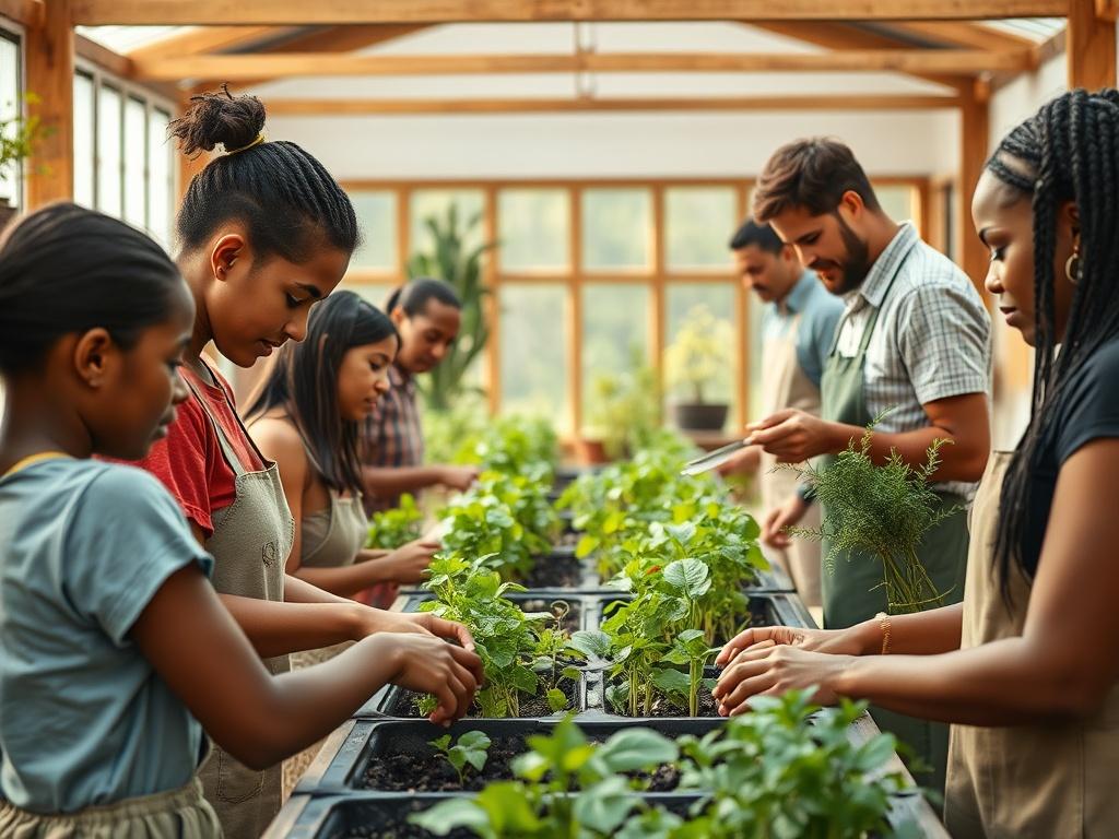 A realistic high-resolution photo of a community workshop where individuals are receiving training in agricultural skills. The setting should be bright and inviting, with participants engaged and learning hands-on techniques. Include tools, plants, and supportive instructors in the background to emphasize empowerment and growth.