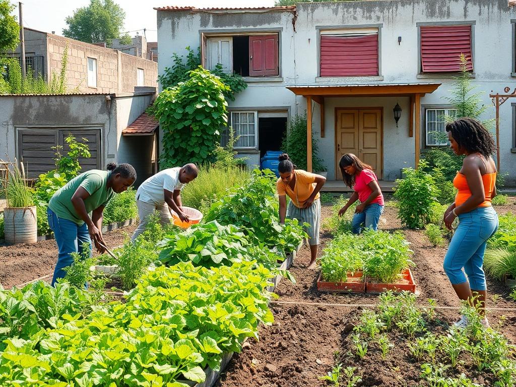 A vibrant community garden scene depicting diverse individuals working together, planting vegetables and herbs. The background features a revitalized distressed property, showcasing a blend of nature and sustainable living. The overall atmosphere is uplifting and collaborative, emphasizing hope and resilience.