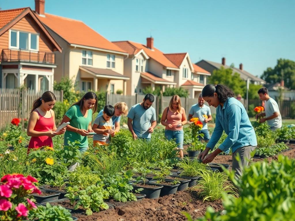 A vibrant community garden with houses in the background, showcasing a diverse group of individuals engaging in gardening, planting flowers and vegetables together, surrounded by greenery and a clear blue sky, reflecting a sense of hope and togetherness.