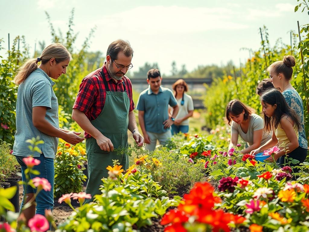 An instructor guiding a diverse group of individuals in a lush garden setting, demonstrating planting techniques and sustainable farming practices, with vibrant plants and flowers surrounding them, and a sunny sky above.
