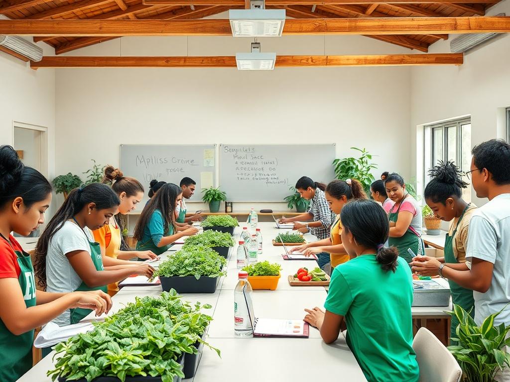 A classroom setting where participants are engaged in hands-on training related to agriculture and wellness. The image should highlight diversity and inclusivity, with a focus on individuals actively learning and collaborating.