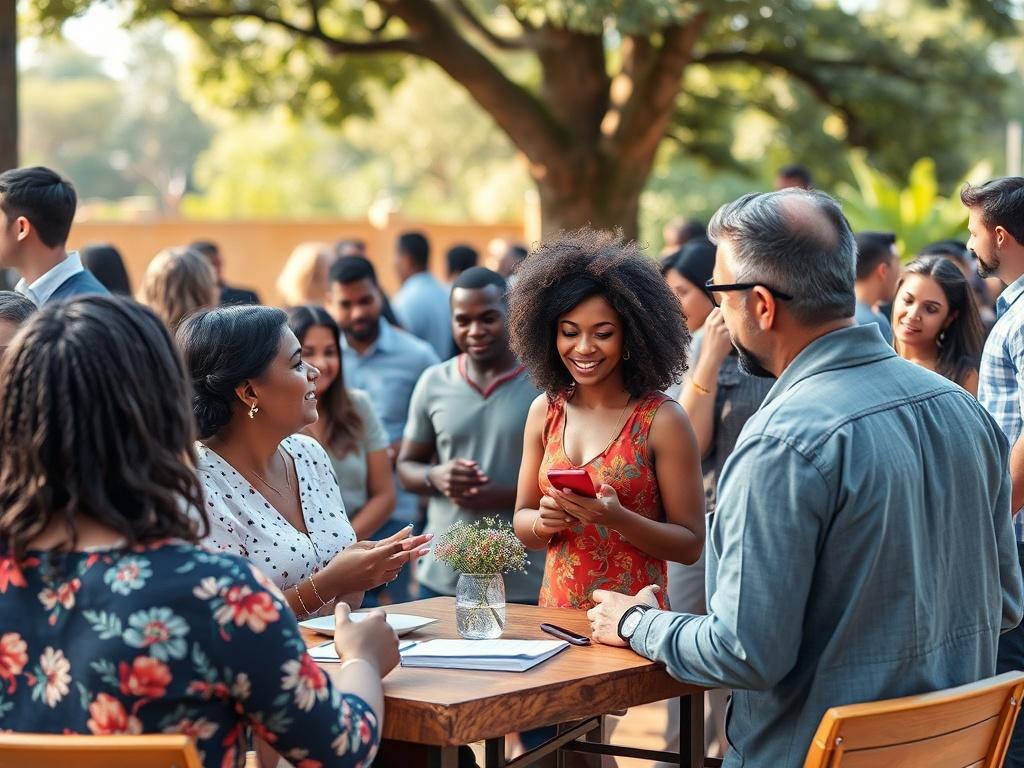 A vibrant community meeting in an outdoor setting, with diverse participants discussing ideas and sharing feedback. The atmosphere should be lively and inclusive, with people smiling and actively engaging in conversation, surrounded by nature.
