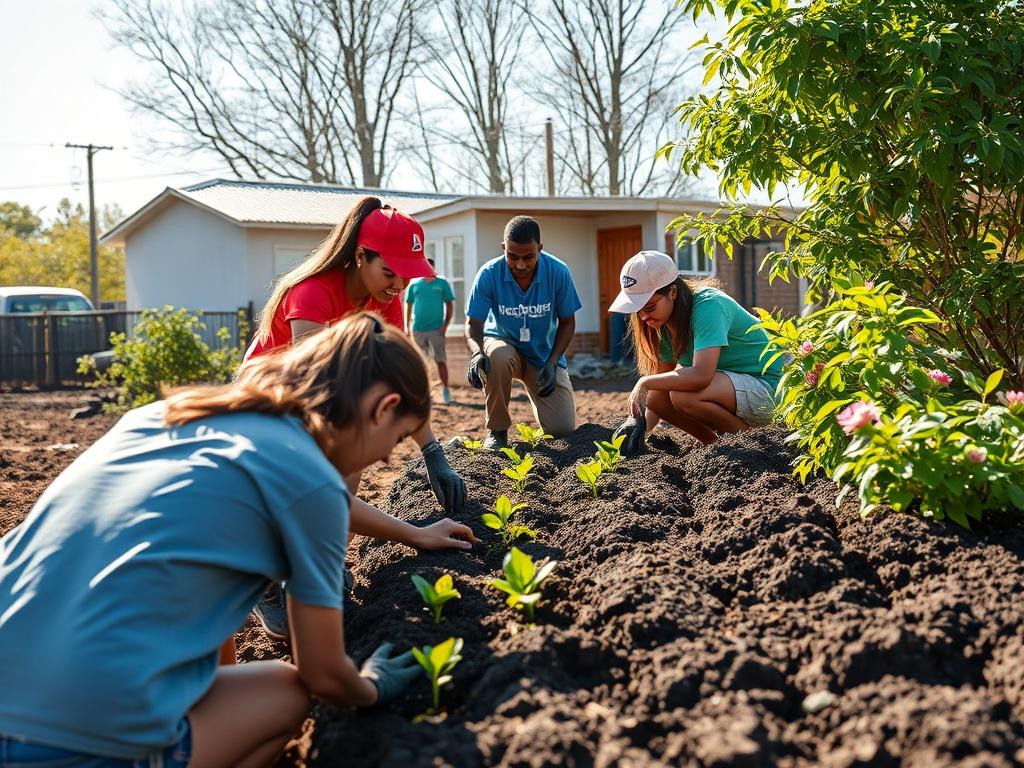 A lively scene depicting volunteers and program participants working together on a revitalized property, planting seeds and cultivating the land. The image should capture the essence of teamwork and growth, with bright colors and a sunny atmosphere.
