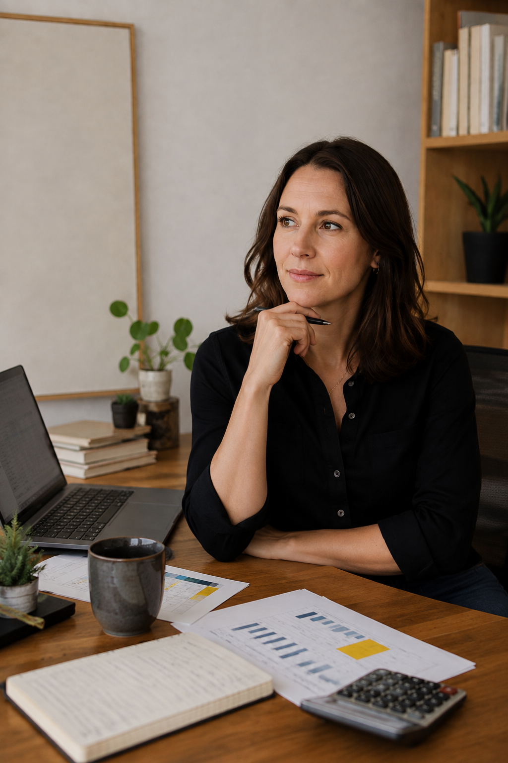 Naomi Voss working at her desk, reviewing pricing worksheets in her studio