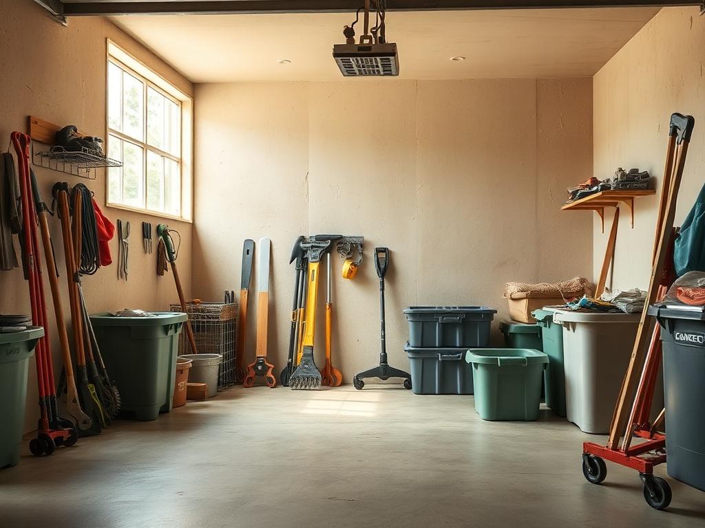 A high-resolution photo depicting a clean and organized garage after a junk removal service. The image should show a spacious garage with neatly arranged tools, storage bins, and a clear floor, emphasizing a clutter-free environment. Natural light should filter in through a window, creating a warm and inviting atmosphere. The background should be simple, with earthy tones and rustic textures to reflect a clean and green aesthetic.