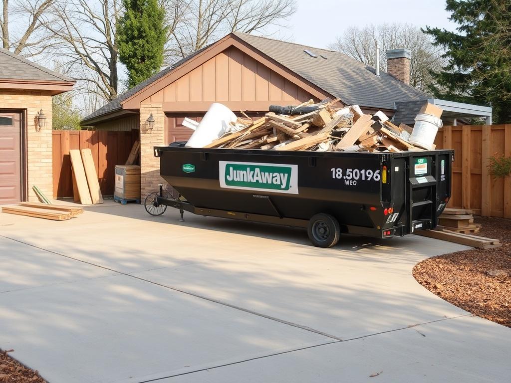 A driveway with a JunkAway dumpster parked, filled with construction