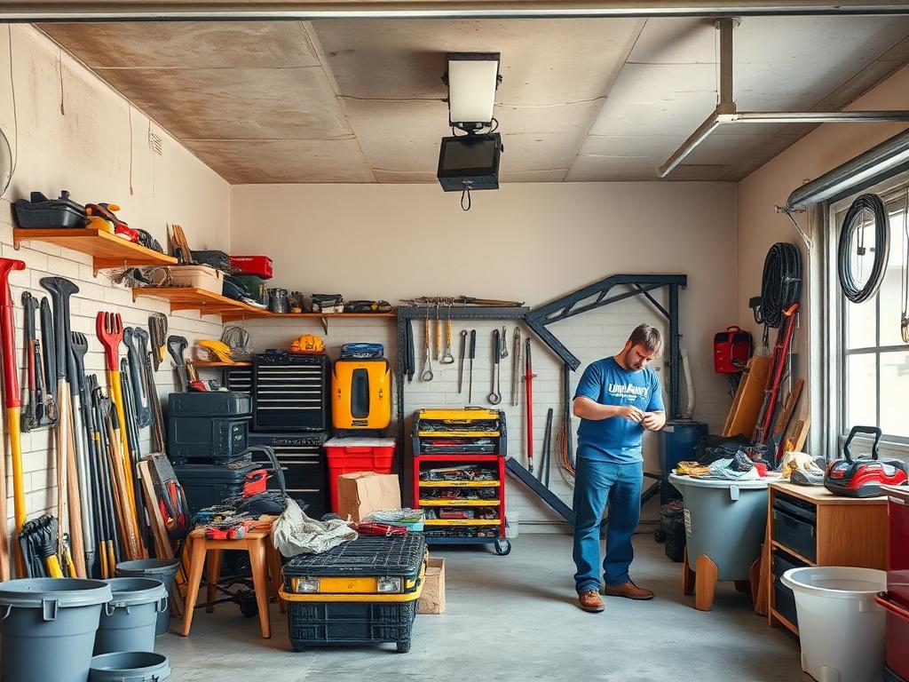 A spacious garage with organized tools and equipment, reflecting a