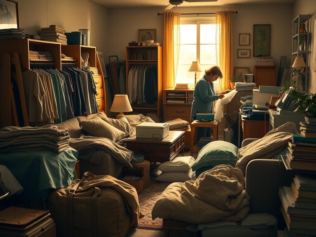 A serene and respectful room filled with various household items, such as clothing, furniture, and books, all neatly organized. The lighting is soft and warm, creating a cozy atmosphere. In the background, a family member is gently sorting through items, reflecting a sense of care and compassion during a cleanout process. The color palette features soothing greens and earthy tones, emphasizing a clean and green approach to legacy donation. The composition focuses on the act of remembrance and respect for th