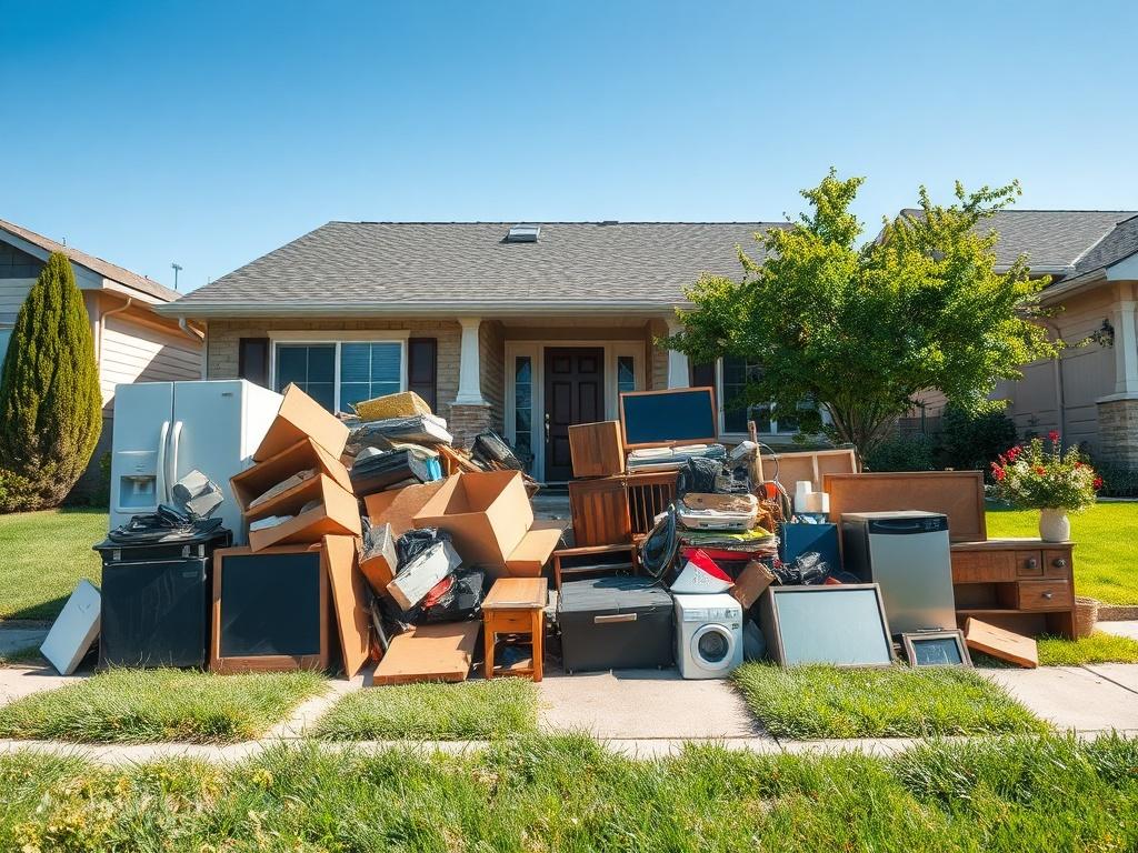 A clear and realistic high-resolution image showing a neatly arranged pile of junk items placed curbside in front of a suburban home. The scene captures a sunny day with a blue sky, showcasing a well-kept front yard with green grass and a welcoming entrance. The junk should be diverse, including furniture and appliances, but organized in a way that looks tidy and ready for pickup. The overall aesthetic should reflect a clean and green environment.