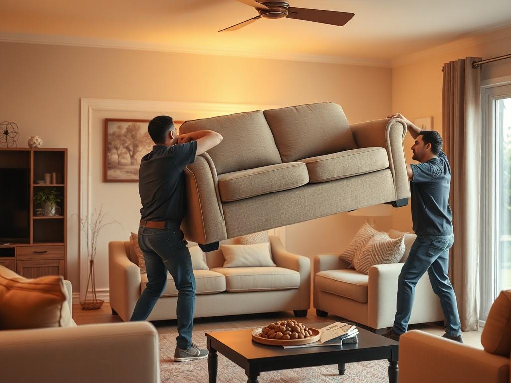 A cozy, golden-hued living room with a professional junk removal team carefully lifting a sofa from a home. The background features soft lighting, a serene atmosphere with warm colors, and a welcoming feel. The focus is on the team and the sofa being removed, showcasing the service in action.