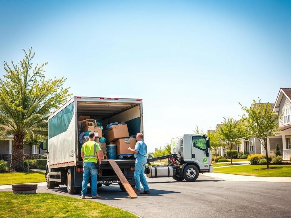 A professional junk removal team loading items into a truck during a same-day service. The scene captures a bright, sunny day with a clear blue sky, showcasing a clean suburban environment. The truck should be prominently displayed, with the team members actively working, emphasizing efficiency and teamwork. The background features a tidy residential area, conveying a sense of order and cleanliness, with green trees and well-kept lawns.