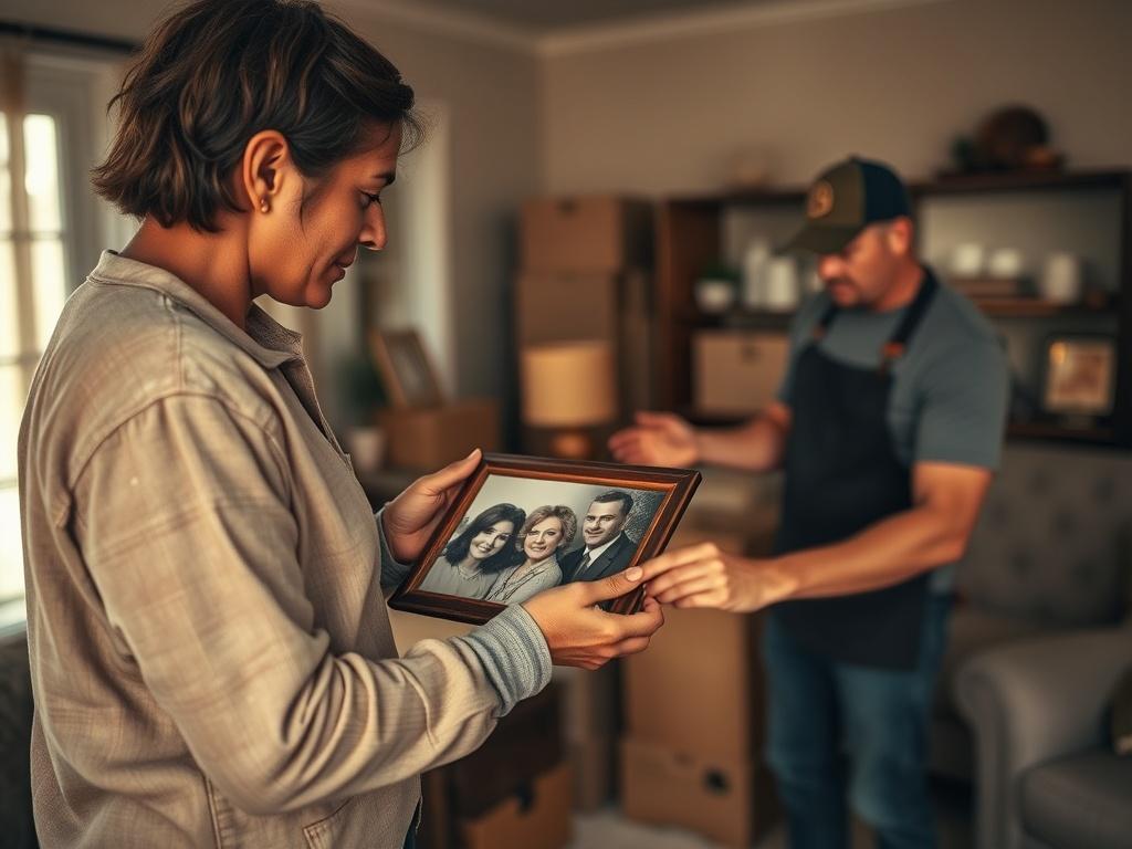 A respectful and compassionate scene of a team from JunkAway carefully packing and removing items from a home during an estate cleanout. The focus is on a team member gently handling a cherished family photo, with boxes and furniture in the background. The setting should convey a sense of care and professionalism, capturing the emotion of the moment. The lighting should be warm and inviting, with earthy tones and natural textures to create a grounded, rustic aesthetic.