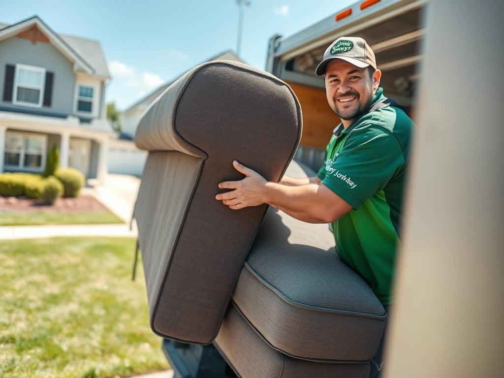A close-up shot of a professional junk removal team member carefully loading a large sofa into a truck. The background features a clean residential area with a well-maintained lawn, showcasing a sunny day. The team member is wearing JunkAway branded attire, displaying a friendly and efficient demeanor. The focus is on the sofa being removed, with the truck partially visible, emphasizing the service's reliability and care.