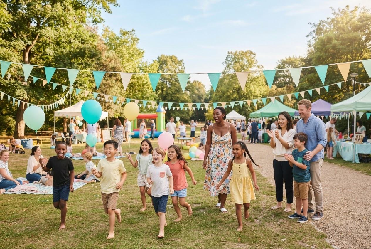 Familles et enfants jouant ensemble lors d'un festival caritatif en plein air
