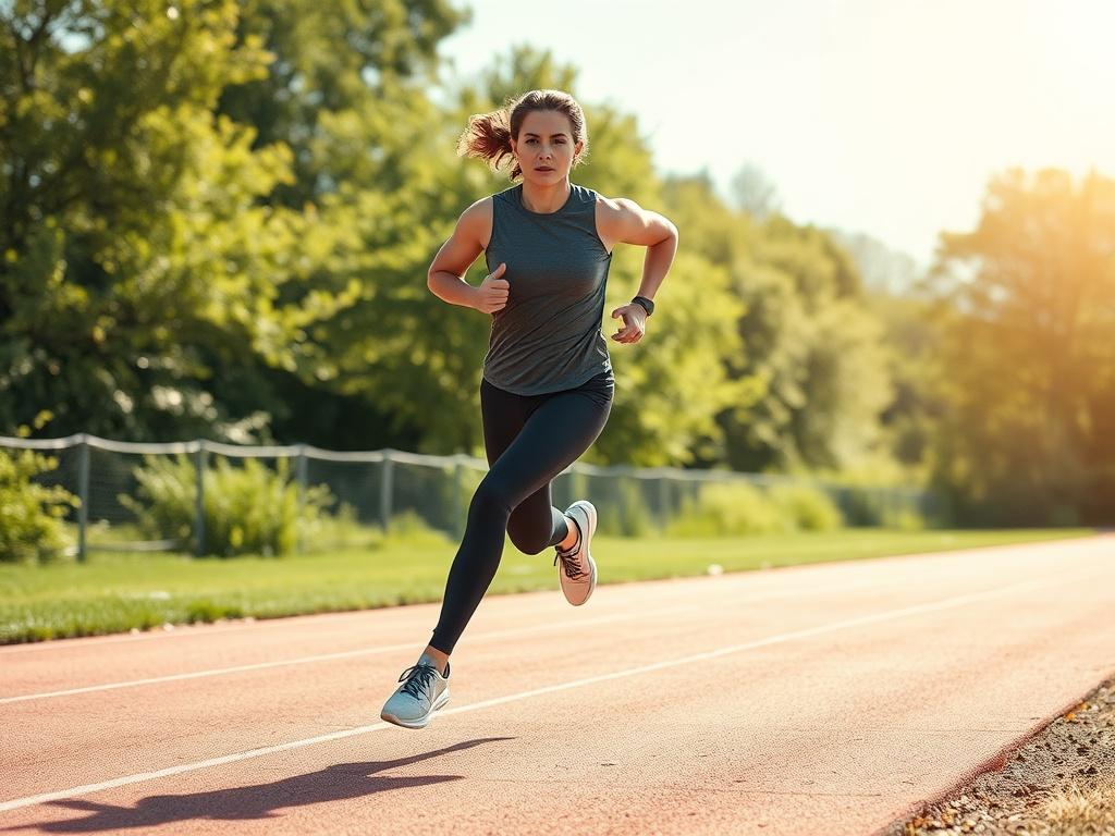 Create a realistic high-resolution photo that embodies the theme of "The Benefits of Tailored Athletic Training." The composition should focus solely on an athlete in action, preferably a runner, who appears to be in the midst of a training session on a sunlit outdoor track. 

**Subject Matter:** The athlete should be depicted wearing a fitted athletic outfit that signifies professionalism and dedication. They should have an expression of determination as they sprint, showcasing their athletic prowess. Thei