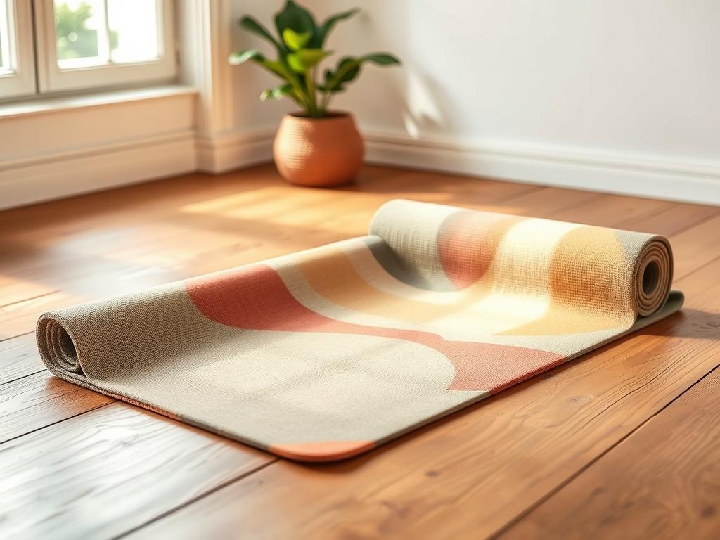 A realistic high-resolution photo of an eco-friendly yoga mat, rolled out on a wooden floor. The mat should have a vibrant design with natural tones and textures. The background should include soft natural light coming through a window, highlighting the mat's features and inviting a sense of tranquility and wellness.