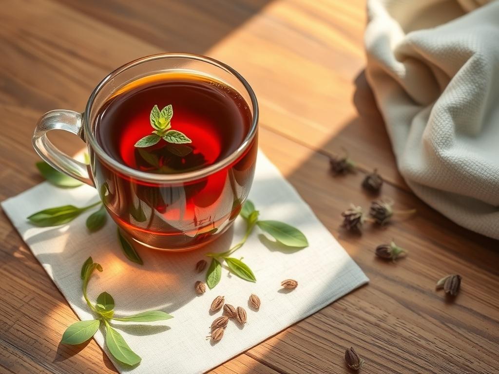 A realistic high-resolution photo of a cup of herbal fitness recovery tea, placed on a wooden table. The tea should have a vibrant color, surrounded by fresh herbs and a few tea leaves. Soft natural light should illuminate the scene, creating a calming and inviting atmosphere.