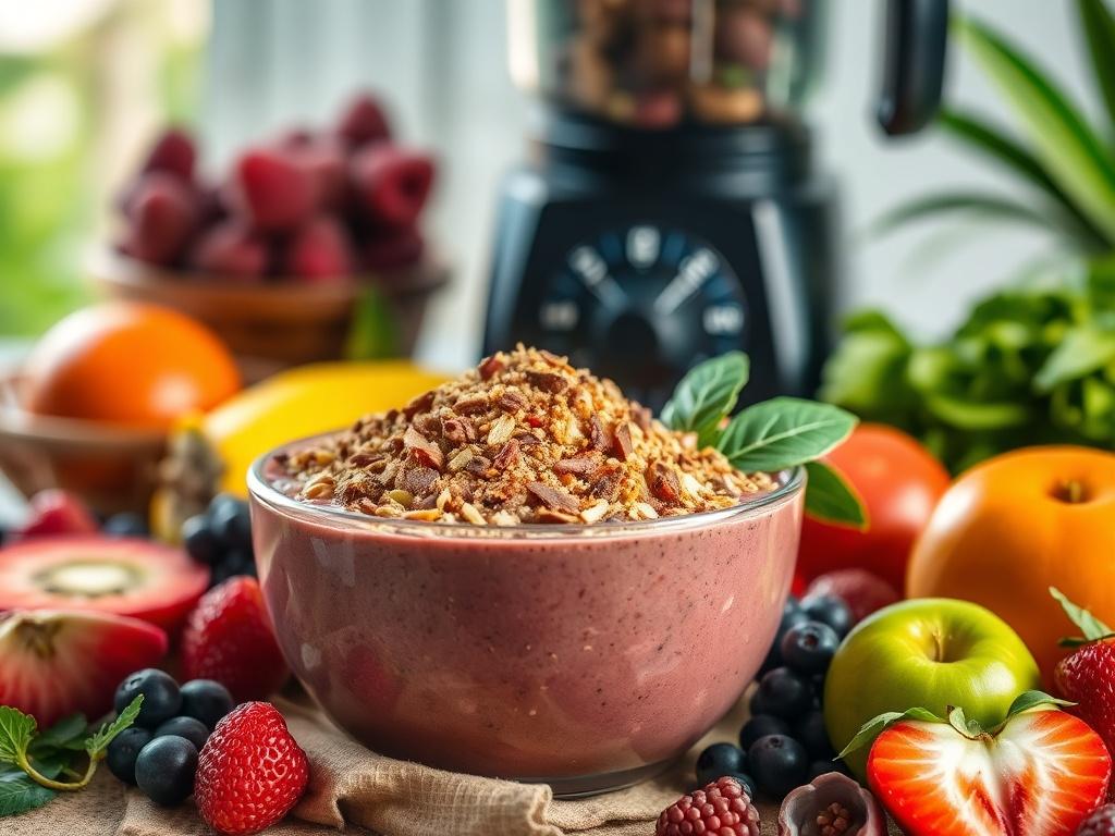 A realistic high-resolution photo of a bowl filled with organic superfood smoothie mix, surrounded by fresh fruits and a blender. The background should be bright and vibrant, capturing a healthy lifestyle essence, with natural light enhancing the colors of the ingredients.