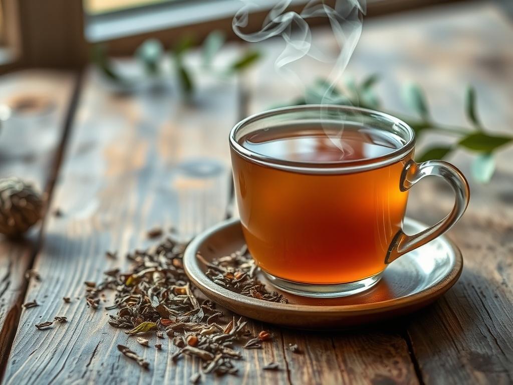 A high-resolution photo of a steaming cup of herbal tea placed on a rustic wooden table, with loose tea leaves and dried herbs scattered around. The cup should have a warm, inviting appearance, and the background should include soft natural lighting, enhancing the calming mood.