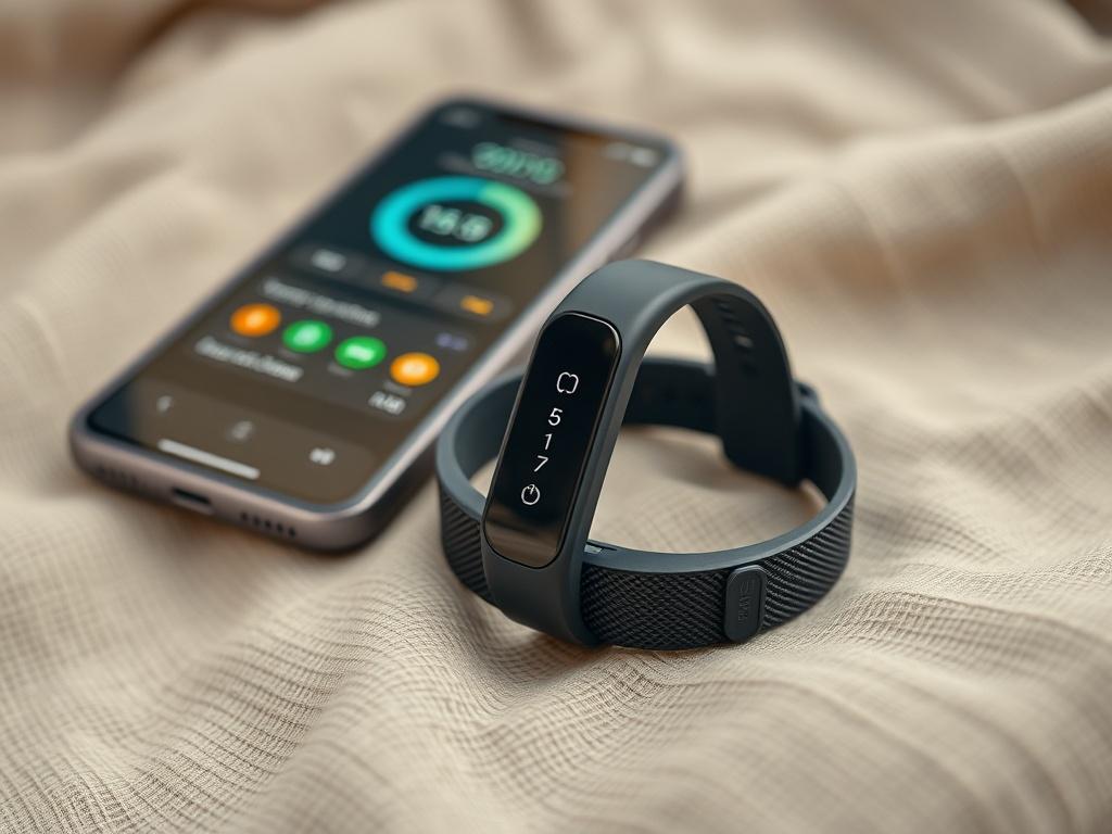 A high-resolution photo of a sleek fitness tracker bracelet resting on a light-colored fabric surface, with a smartphone displaying fitness data in the background. The bracelet should be modern and elegant, showcasing its features while the setting conveys an active lifestyle.