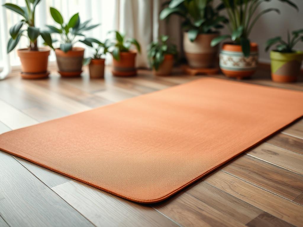 A realistic high-resolution photo of an eco-friendly yoga mat laid out on a wooden floor, surrounded by potted plants. The mat should be vibrant in color, showcasing its texture, while the background remains soft and natural to emphasize a serene and calming atmosphere.
