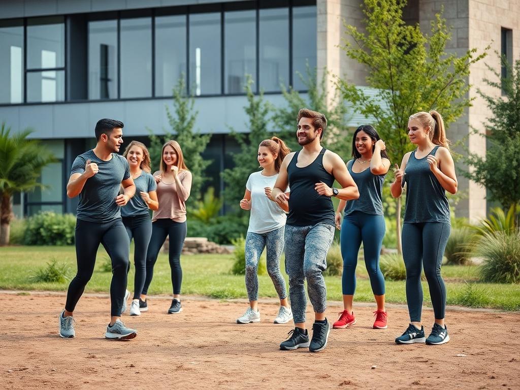 A corporate team participating in a wellness workshop outdoors, engaging