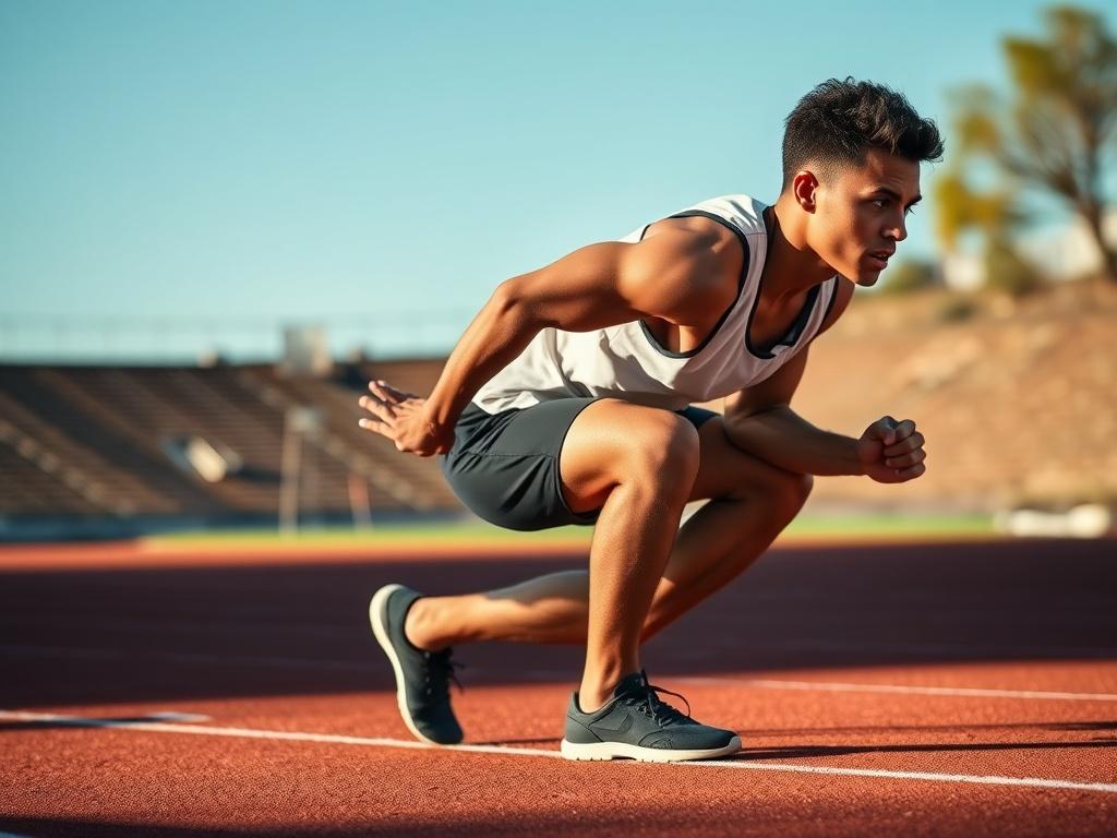 A focused athlete in a running stance on a track,