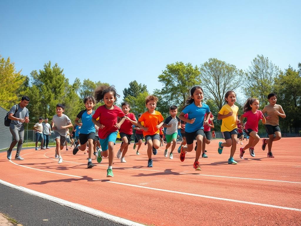 A vibrant scene depicting a youth athletics training session at