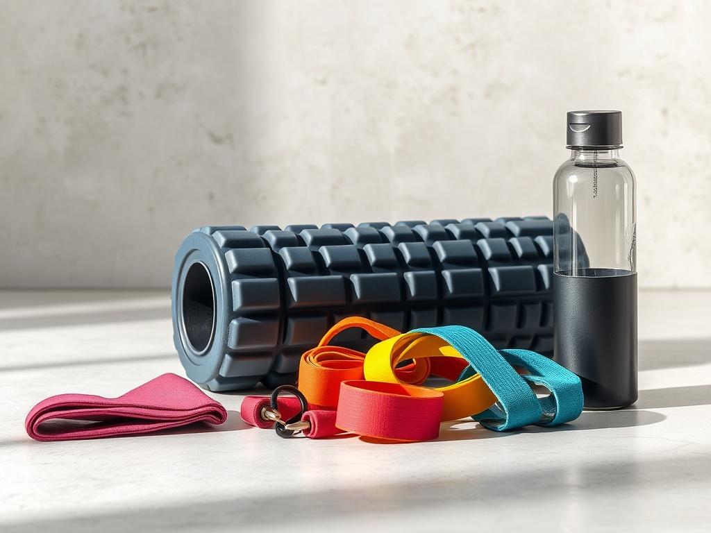 A realistic high-resolution image of an athletic recovery essentials kit displayed on a clean surface. The kit includes a foam roller, resistance bands in various colors, and a sleek hydration bottle. The background should be minimalistic, emphasizing the products.