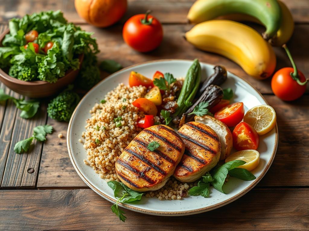 A high-resolution image of a colorful plate of healthy foods, including grilled chicken, quinoa, mixed vegetables, and fruits, arranged aesthetically. The background should be a rustic wooden table, creating a warm and inviting atmosphere.