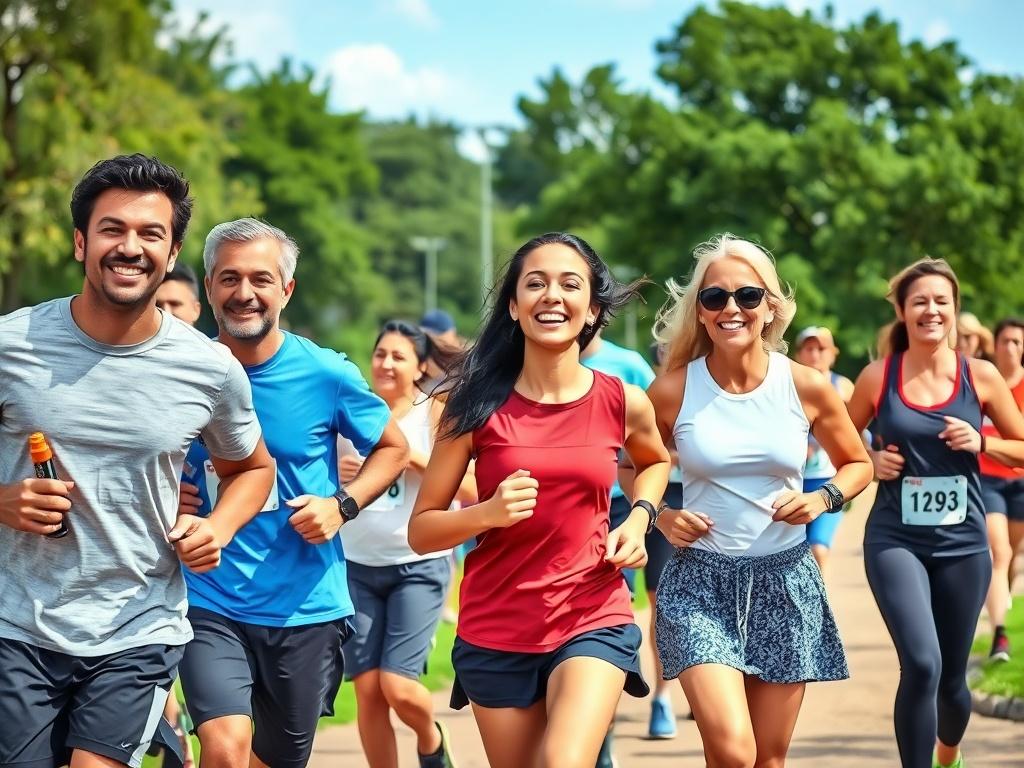 A vibrant scene of diverse individuals participating in a running event, showcasing a mix of ages and backgrounds, all smiling and enjoying the activity together. The background features a lush green park with trees and a clear blue sky, emphasizing a healthy outdoor lifestyle.