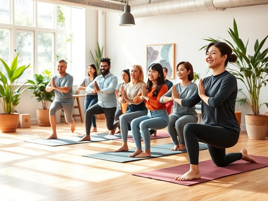 A cheerful group of employees participating in a corporate wellness workshop, engaging in activities like yoga or group exercises. The setting is a bright, open office space with plants and natural light, promoting a sense of well-being and teamwork.