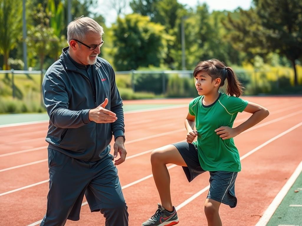 A dynamic scene depicting a coach guiding a young athlete in a training session, set in a vibrant outdoor environment. The coach is demonstrating techniques while the athlete is focused and engaged. The background features a running track and lush greenery, conveying a sense of vitality and energy. The lighting is bright and natural, emphasizing a clean and green aesthetic.