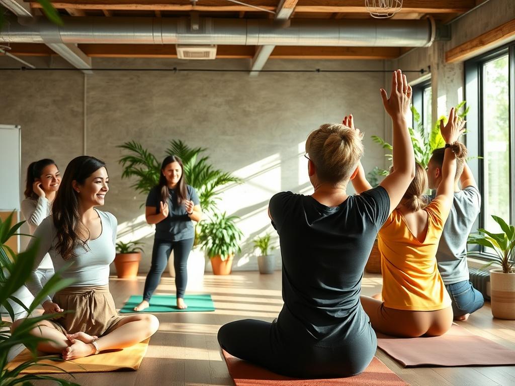 A high-resolution photo depicting a corporate wellness workshop in a modern office environment. Employees are engaged in various wellness activities like yoga and stretching, with a wellness coach guiding them. The scene shows smiling faces, a sense of camaraderie, and a focus on health. Natural light floods the room, emphasizing a clean and green atmosphere that promotes vitality and well-being in the workplace.