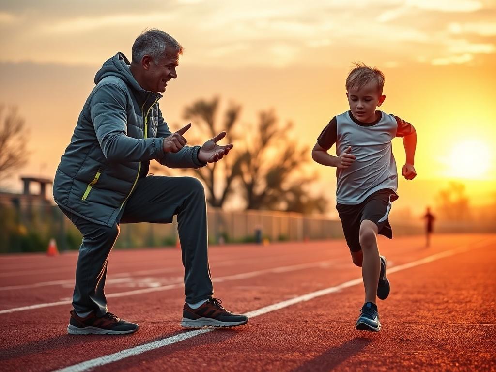A high-resolution photo of a coach providing personalized training guidance to a young athlete on a track field. The scene captures the intense focus of both the coach and the athlete, with the sun setting in the background, casting a warm glow. The coach displays an encouraging expression while demonstrating running techniques, and the athlete is seen in mid-stride, showcasing determination. The atmosphere reflects a vibrant and supportive training environment.