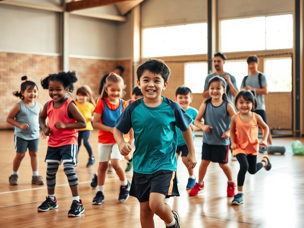 A high-resolution photo featuring a group of youth athletes participating in a lively training session at a local sports facility. The image shows a diverse group of children engaged in drills, laughter, and teamwork, wearing athletic gear. In the background, a coach observes and offers feedback, highlighting the importance of community and inclusivity in sports. The setting is bright and energetic, capturing the essence of youth engagement in athletics.