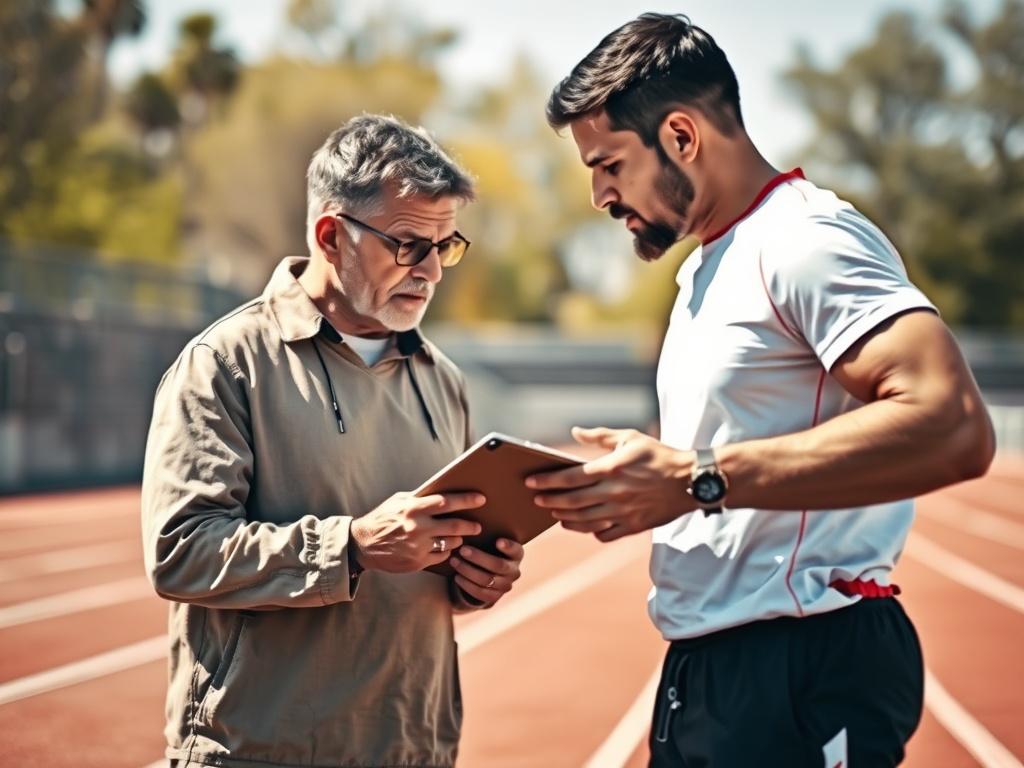 A focused athletic coach working one-on-one with an athlete in a sunny outdoor track setting, showcasing intense concentration and determination. The coach, with a clipboard in hand, is providing feedback and guidance to the athlete, who is mid-stride, demonstrating effort and focus. The background features a blurred track and field environment, capturing the essence of performance training in a vibrant, energetic atmosphere.