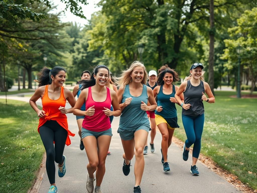 A vibrant group of diverse individuals participating in a run/walk session in a picturesque park. They are smiling and encouraging each other, representing a sense of community and support. The park features lush greenery and a clear path, symbolizing a healthy, active lifestyle. The atmosphere is lively and inviting, showcasing the joy of group fitness.