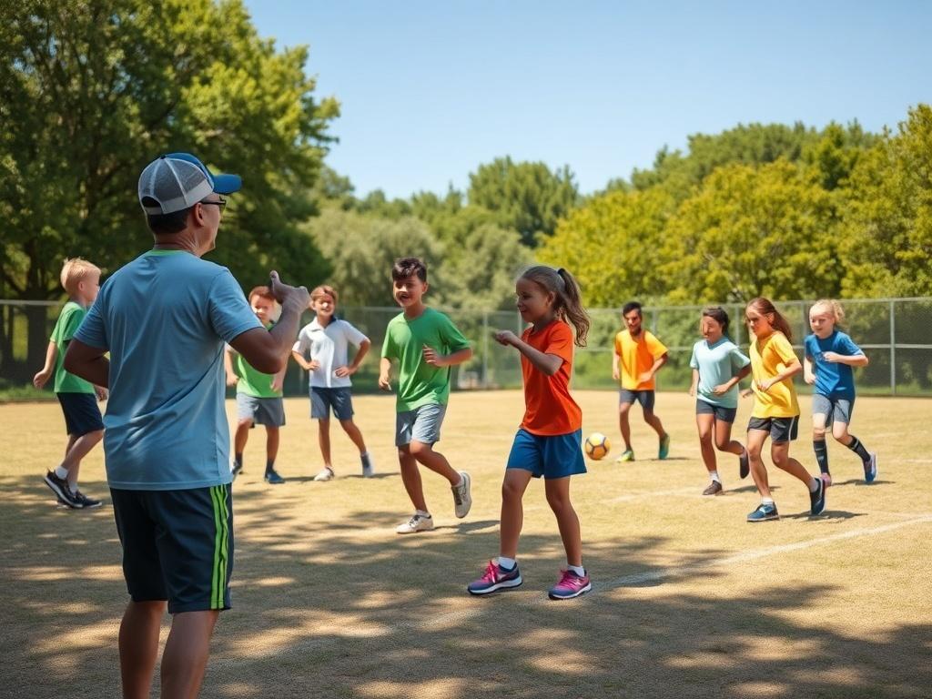 A group of enthusiastic young athletes participating in a training session on a bright, open field. They are engaged in various athletic drills, showcasing teamwork and excitement. A coach is seen encouraging them, creating a vibrant and supportive atmosphere. The background features green trees and a clear blue sky, capturing the joy and energy of youth athletics.
