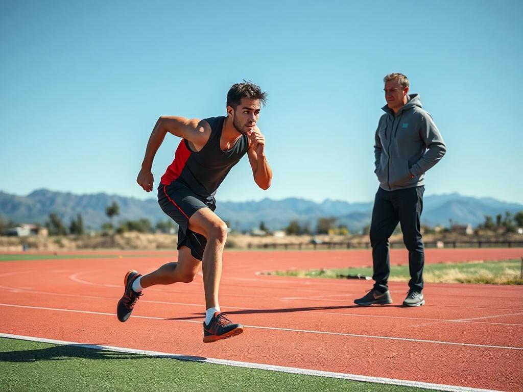 A focused athlete in training, demonstrating a running drill on a track field, with a coach providing guidance. The background features a clear blue sky and distant mountains, highlighting the essence of determination and focused training. The scene should convey motivation and dedication.