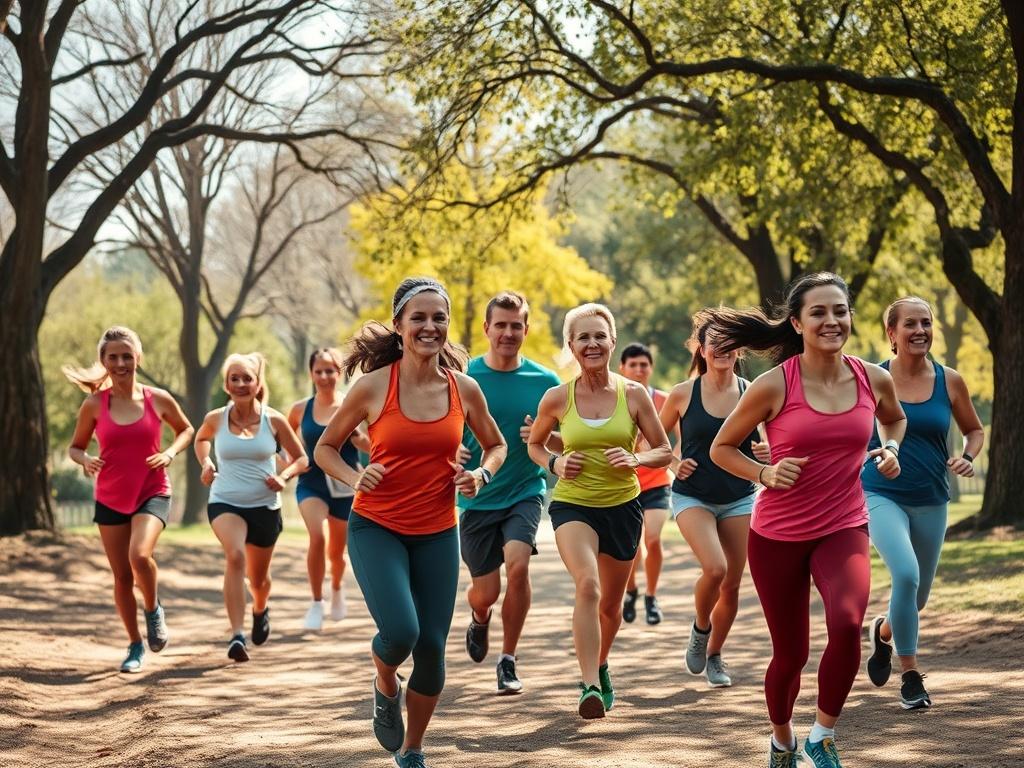 A group of diverse athletes of various ages and backgrounds engaging in a running training session in a park, surrounded by trees and natural scenery. The atmosphere is warm and inviting, showcasing camaraderie and teamwork among participants. The setting is bright and sunny, emphasizing an active and inclusive lifestyle.