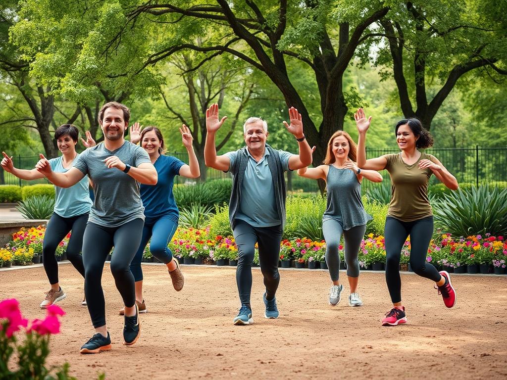 A corporate team participating in a group fitness session outdoors, engaging in exercises together with smiles and enthusiasm. The setting includes a green park with trees and colorful flowers, fostering a sense of unity and health. The atmosphere is energetic and uplifting, emphasizing teamwork and wellness.