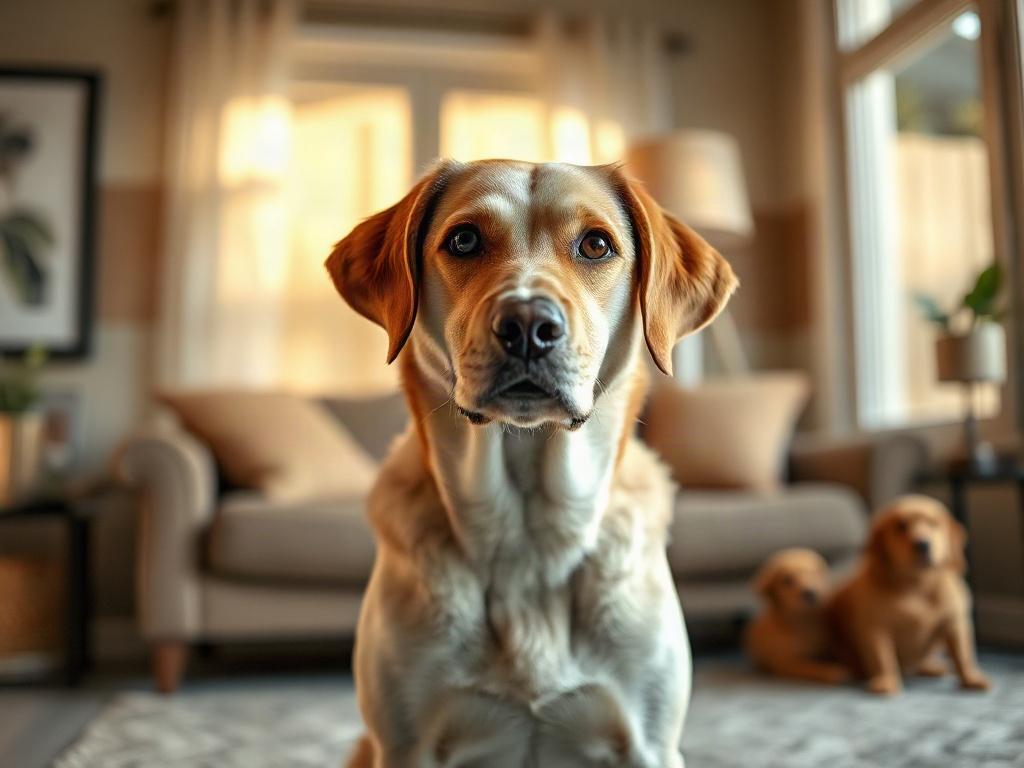 Create a highly realistic, high-resolution photograph capturing the essence of canine learning. The image should focus on a curious, intelligent dog—a Labrador Retriever sitting attentively in a training scenario. The dog should be centered in the frame, displaying a focused yet relaxed expression, with its ears perked up and eyes bright, showcasing its engagement in the learning process. 

The background should feature a calm, inviting home environment, perhaps a cozy living room or a quiet backyard, adorn