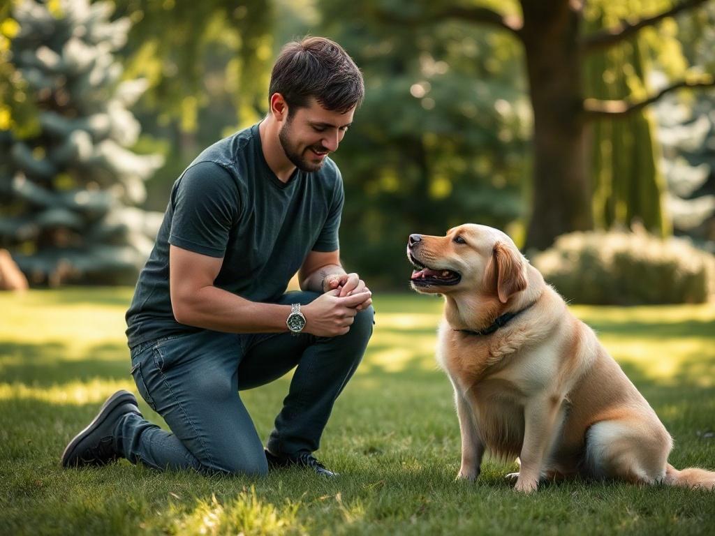 Create a realistic high-resolution image depicting a dog trainer engaged in a training session with a medium-sized, well-groomed dog, such as a Golden Retriever or Labrador, in a serene outdoor park setting. The trainer, a person in casual, comfortable attire (such as a t-shirt and jeans), is kneeling on the grass, rewarding the dog with a treat or toy, emphasizing the concept of positive reinforcement. The dog should appear attentive and eager, showcasing a happy expression, with its tail wagging and ears 